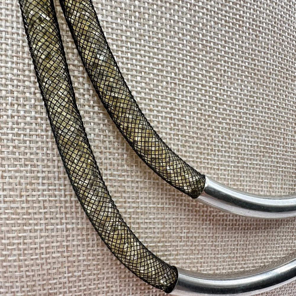 Vintage 90s Black Mesh Double Strand Glass Stone Necklace Silver Tone